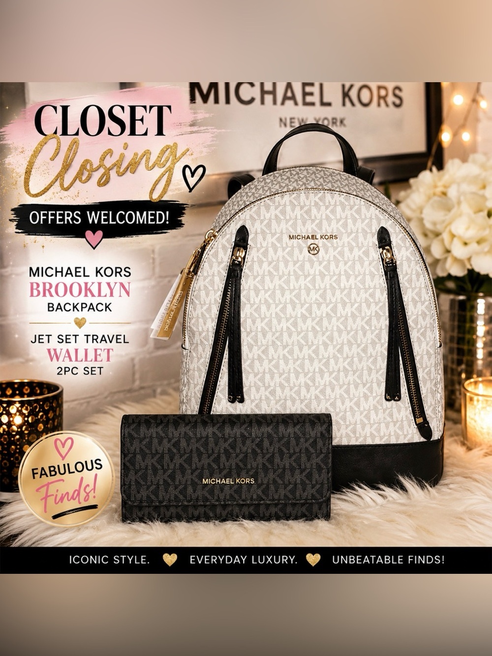 Michael Kors BROOKLYN Backpack/JET SET TRAVEL Wallet 2pc Set
